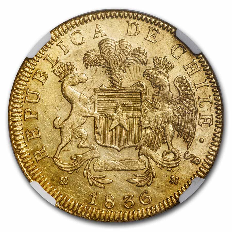 Buy 1836 SO IJ Chile Gold 8 Escudos MS-60 NGC (Decree of 1836) | APMEX