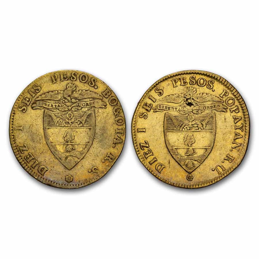 1837-1849 Colombia Bogota/Popaya Gold 16 Pesos XF (Random)