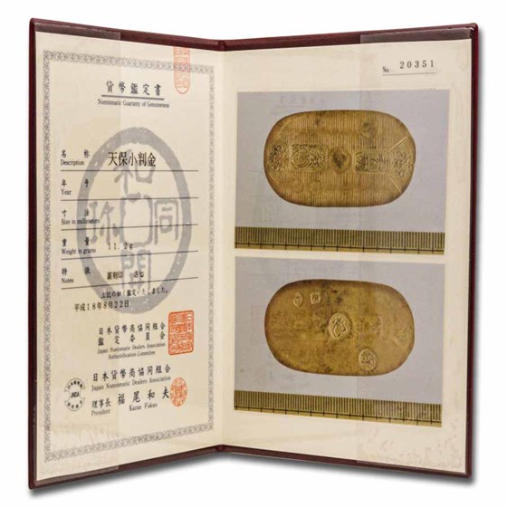 Japanese Gold Ryo (1837-1858) Japan Tenpo Gold Koban, 1 Ryo XF W/Folder