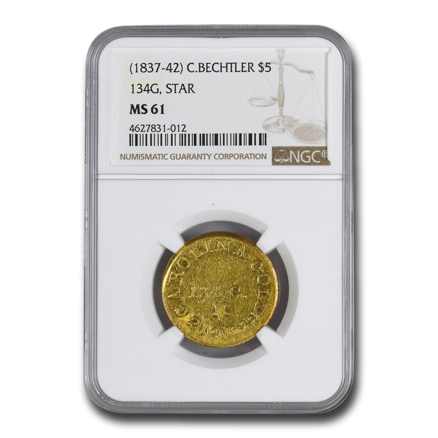 (1837-42) $5 Carolina Gold C. Bechtler 134 G, Star MS-61 NGC