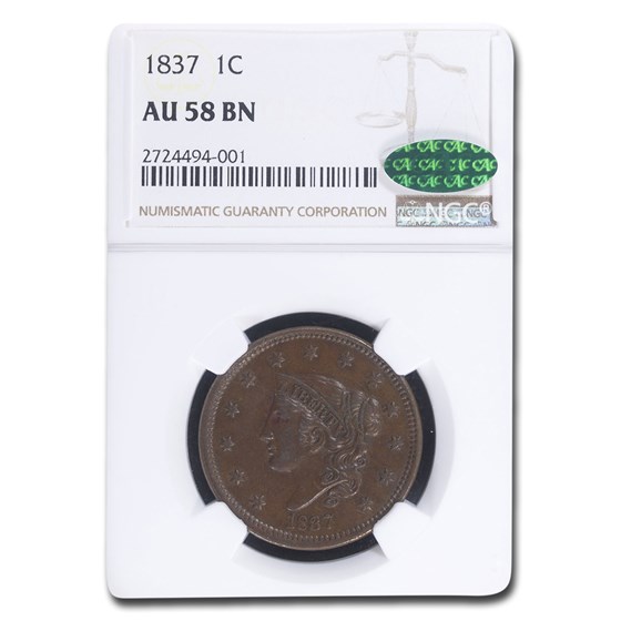 1837 Large Cent AU-58 NGC CAC (Brown) 1837 Large Cent AU-58 NGC CAC (Brown)