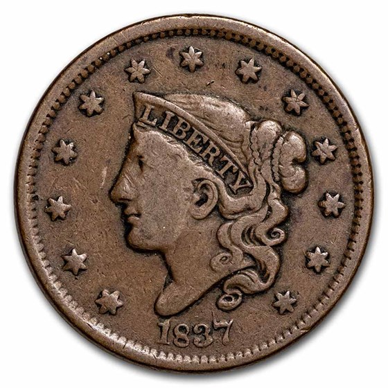1837 Large Cent Head of 1838 Beaded Cord VF 1837 Large Cent Head of 1838 Beaded Cord VF