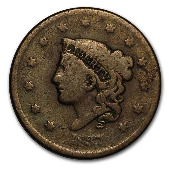 1837 Large Cent Head of 1838 Beaded Cord VG 1837 Large Cent Head of 1838 Beaded Cord VG