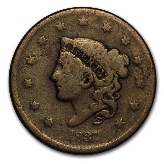 1837 Large Cent Head of 1838 Beaded Cord VG
