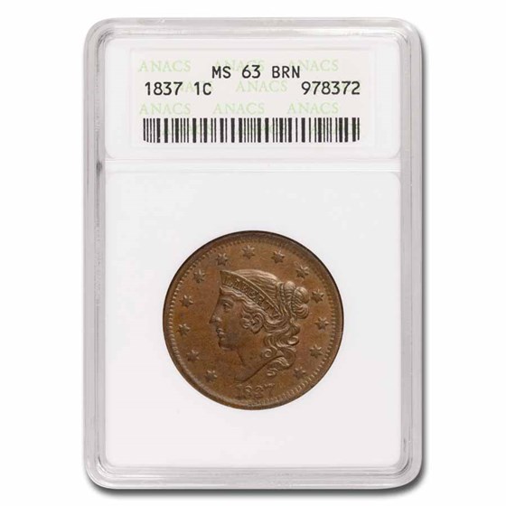 1837 Large Cent MS-63 ANACS (Head of 1838) 1837 Large Cent MS-63 ANACS (Head of 1838)