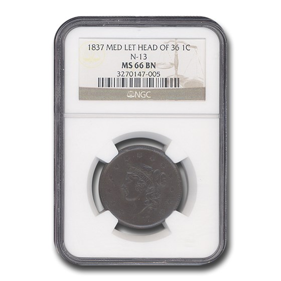 1837 Large Cent MS-66 NGC (Brown, Medium Let., Head of 36, N-13) 1837 Large Cent MS-66 NGC (Brown, Medium Let., Head of 36, N-13)