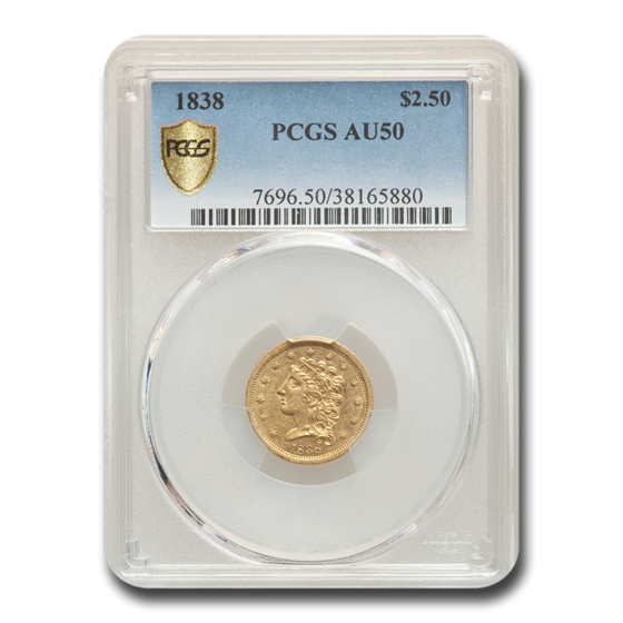1838 $2.50 Gold Classic Head Quarter Eagle AU-50 PCGS 1838 $2.50 Gold Classic Head Quarter Eagle AU-50 PCGS