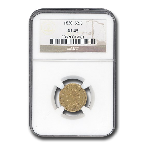 1838 $2.50 Gold Classic Head Quarter Eagle XF-45 NGC 1838 $2.50 Gold Classic Head Quarter Eagle XF-45 NGC