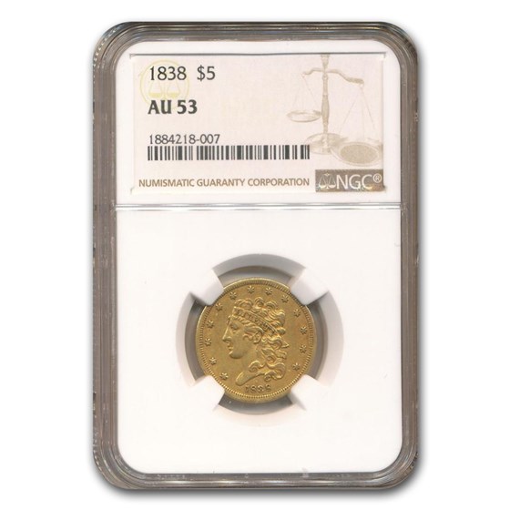 1838 $5 Gold Classic Head Half Eagle AU-53 NGC 1838 $5 Gold Classic Head Half Eagle AU-53 NGC