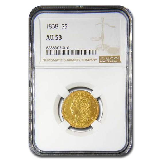 1838 $5 Gold Classic Head Half Eagle AU-53 NGC 1838 $5 Gold Classic Head Half Eagle AU-53 NGC