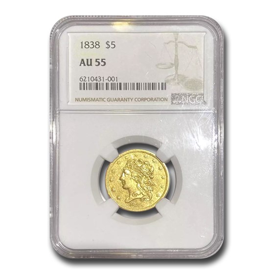 1838 $5 Gold Classic Head Half Eagle AU-55 NGC 1838 $5 Gold Classic Head Half Eagle AU-55 NGC