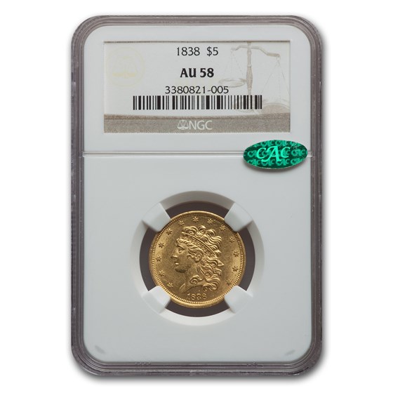 1838 $5 Gold Classic Head Half Eagle AU-58 NGC CAC 1838 $5 Gold Classic Head Half Eagle AU-58 NGC CAC