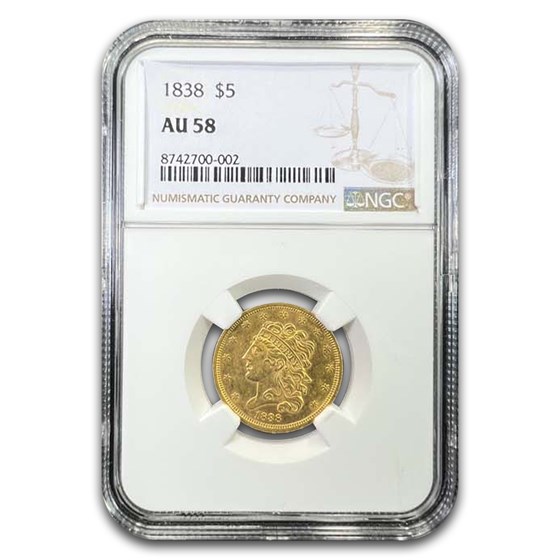 1838 $5 Gold Classic Head Half Eagle AU-58 NGC