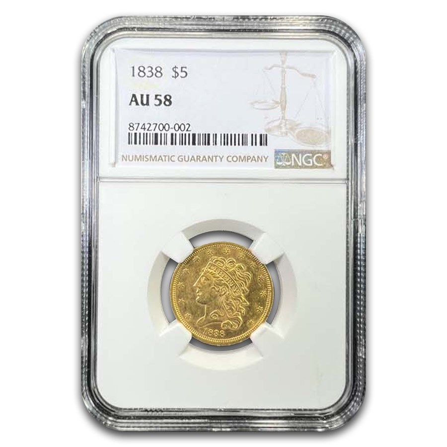1838 $5 Gold Classic Head Half Eagle AU-58 NGC