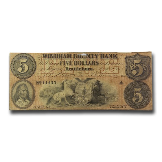 Buy 1838 5 Windham County Bank, Brattleboro, VT VF (Details) APMEX