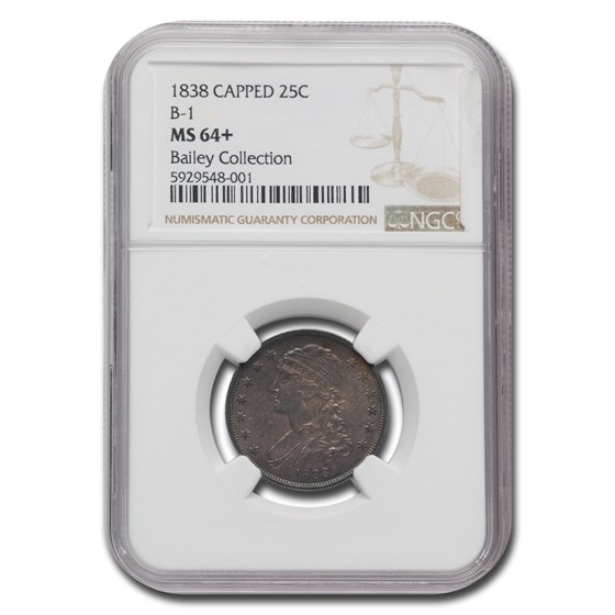 1838 Capped Bust Quarter MS-64+ NGC (B-1, Bailey Collection)