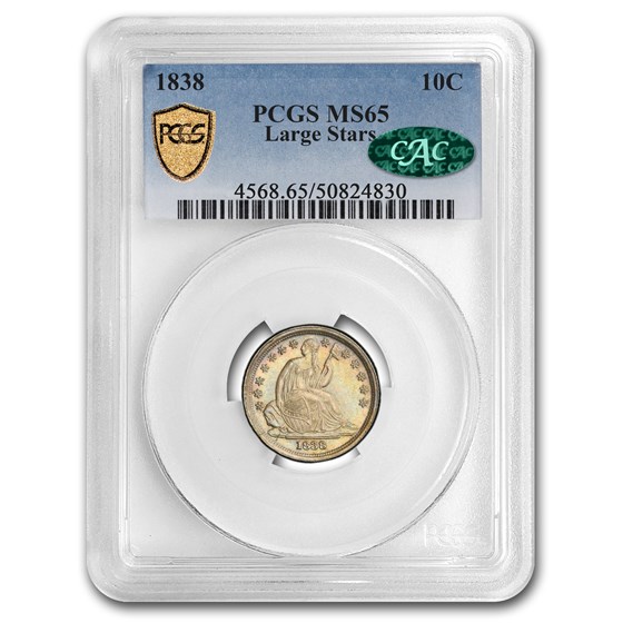 1838 Liberty Seated Dime MS-65 PCGS CAC (No Drapery, Large Stars) 1838 Liberty Seated Dime MS-65 PCGS CAC (No Drapery, Large Stars)