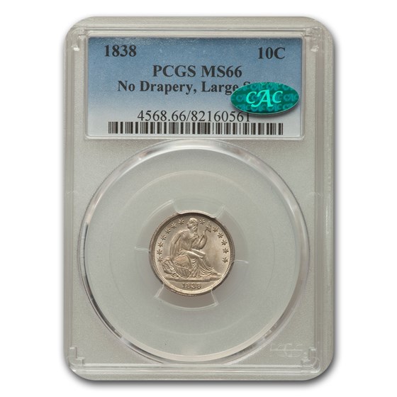 1838 Liberty Seated Dime MS-66 PCGS CAC (No Drapery, Lg Stars) 1838 Liberty Seated Dime MS-66 PCGS CAC (No Drapery, Lg Stars)