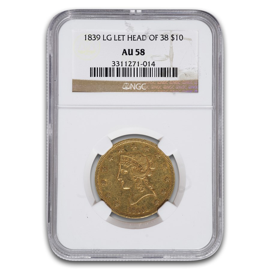 1839 $10 Liberty Gold Eagle AU-58 NGC (Lg Let, Head of 38)