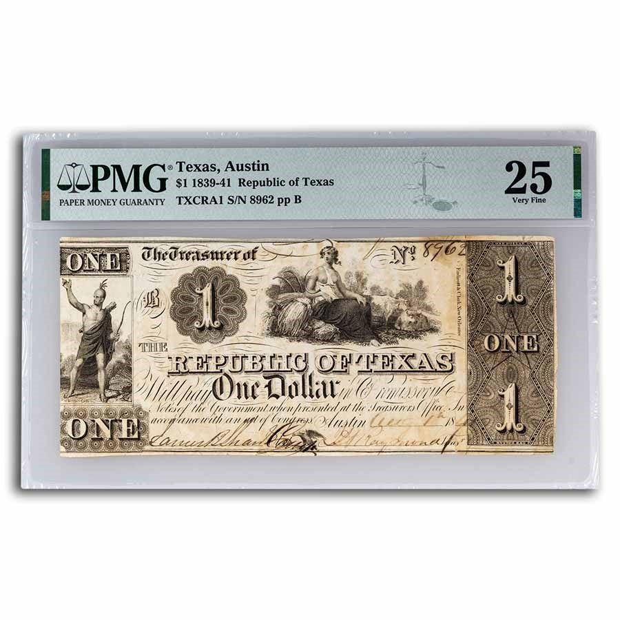 Texas Notes Buy 1839-41 Republic of Texas $1 Treasury Note VF-25 PMG | APMEX