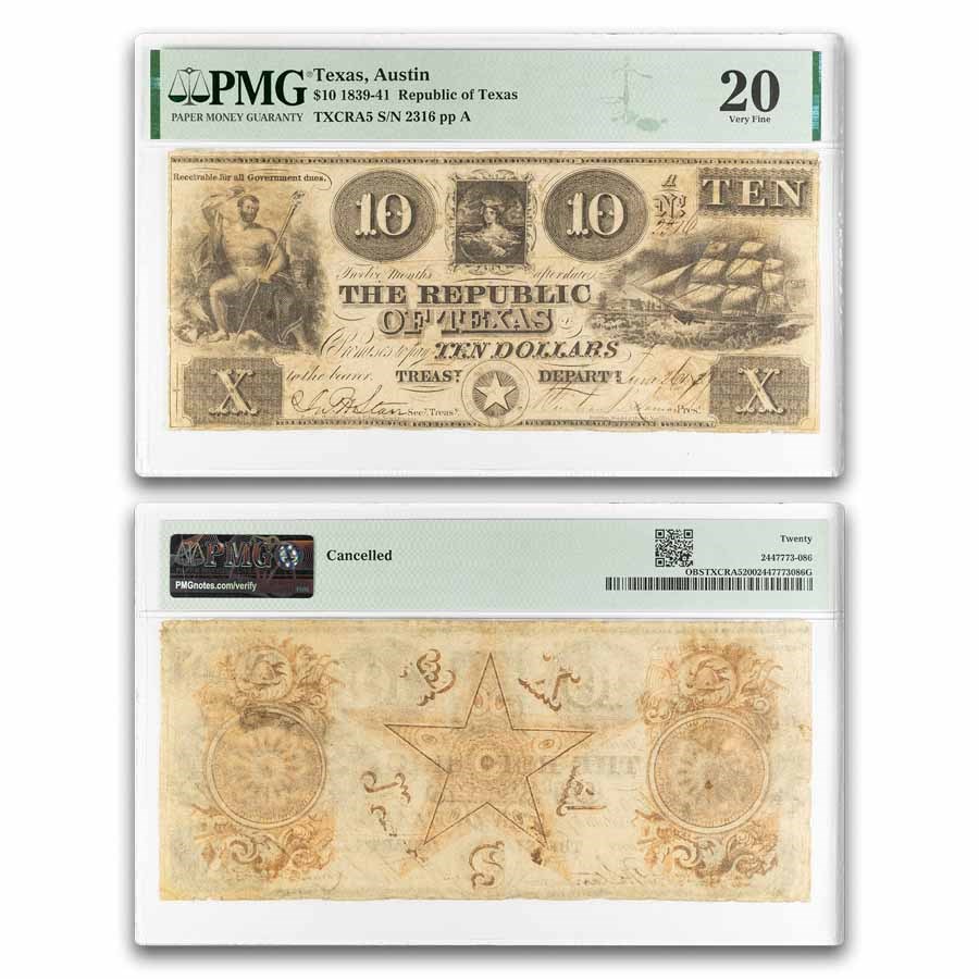 Texas Notes Buy 1839-41 Rep of Texas $10 Treasury Note VF-20 (CR-A5) | APMEX