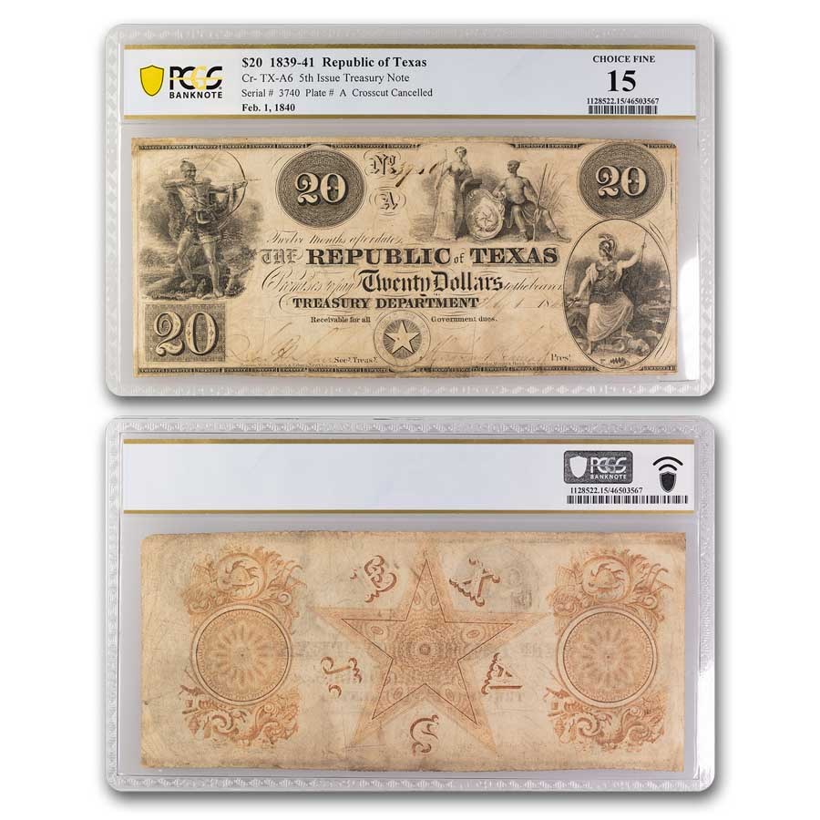 1839-41 Republic of Texas $20 Treasury Note F-15 PCGS Cancel