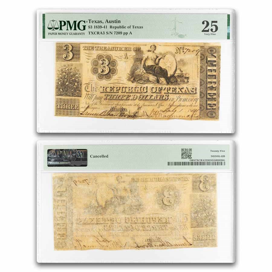 1839-41 Republic of Texas $3 Treasury Note VF-25 PMG (CR-A3)