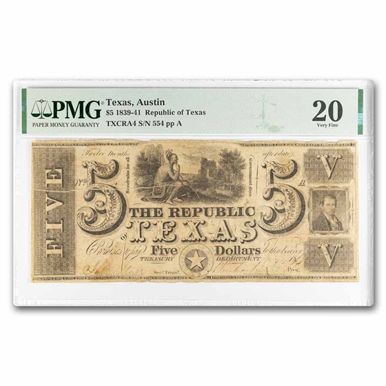 Buy 1839-41 Rep of Texas $5 Treasury Note VF-20 PMG | APMEX