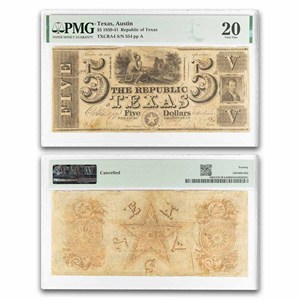 Buy 1839-41 Rep of Texas $5 Treasury Note VF-20 PMG | APMEX