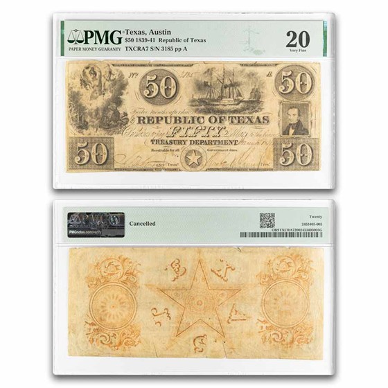 Buy 1839-41 Rep of Texas $50 Treasury Note VF-20 PMG | APMEX