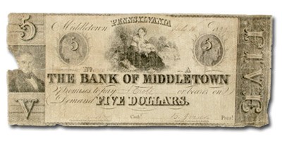 1839 Bank of Middletown, PA, $5 PA-300 Fine COUNTERFEIT 1839 Bank of Middletown, PA, $5 PA-300 Fine COUNTERFEIT