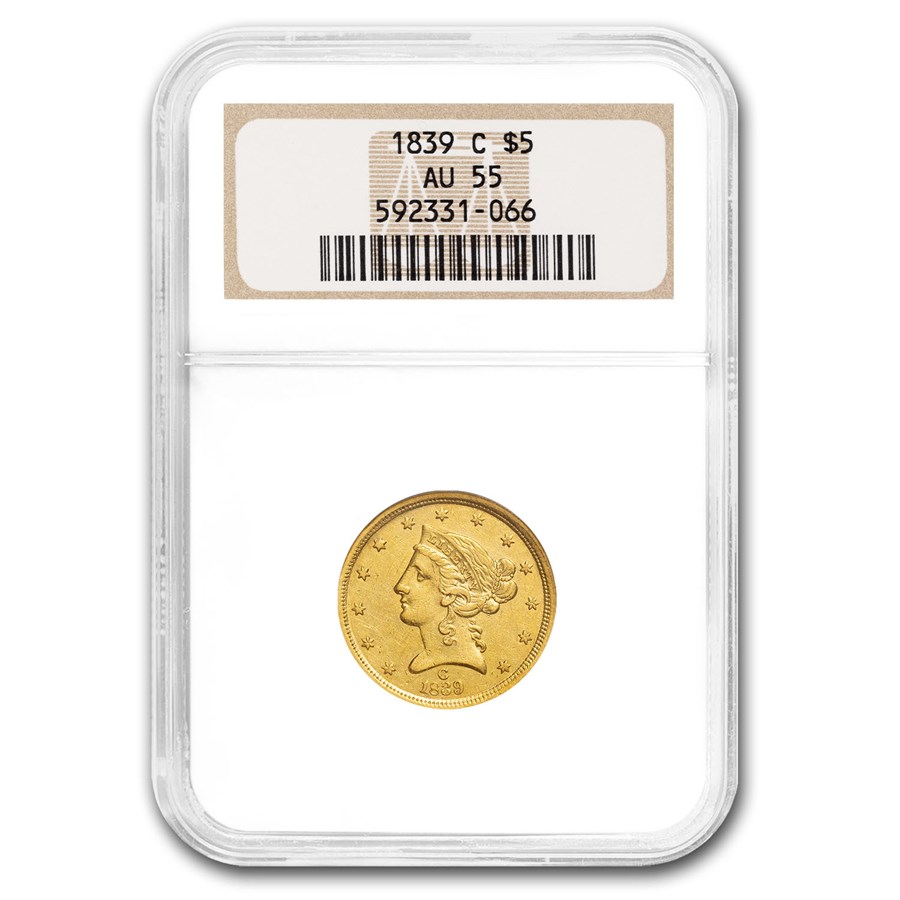 1839-C $5 Liberty Gold Half Eagle AU-55 NGC