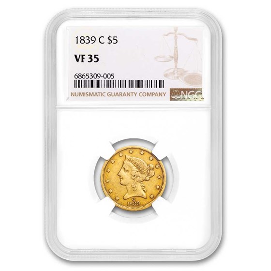 1839-C $5 Liberty Gold Half Eagle VF-35 NGC 1839-C $5 Liberty Gold Half Eagle VF-35 NGC
