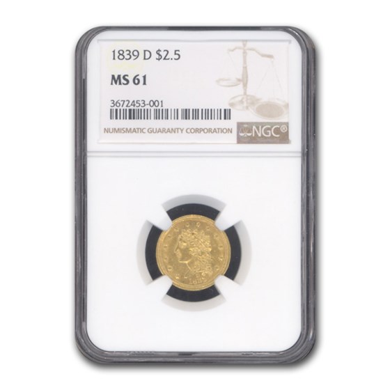1839-D $2.50 Gold Classic Head Quarter Eagle MS-61 NGC 1839-D $2.50 Gold Classic Head Quarter Eagle MS-61 NGC