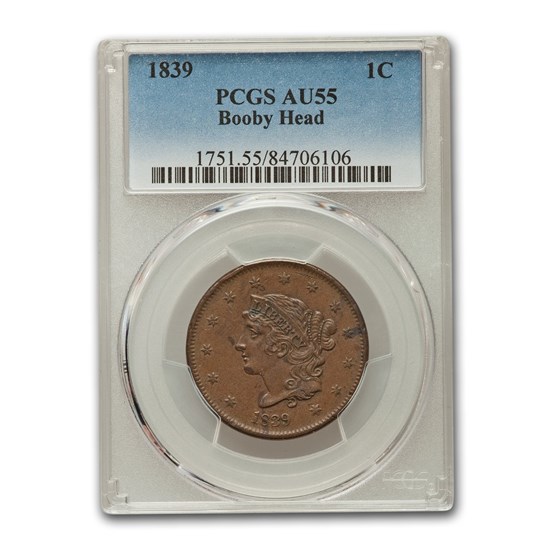 1839 Large Cent Booby Head AU-55 PCGS (Brown) 1839 Large Cent Booby Head AU-55 PCGS (Brown)