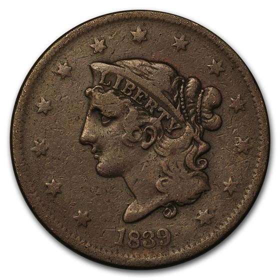 1839 Large Cent Booby Head VF