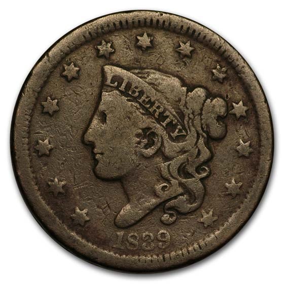 1839 Large Cent Head of 1838 VG 1839 Large Cent Head of 1838 VG