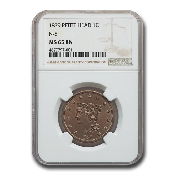 1839 Large Cent MS-65 NGC (Brown, Petite Head, N-8) 1839 Large Cent MS-65 NGC (Brown, Petite Head, N-8)