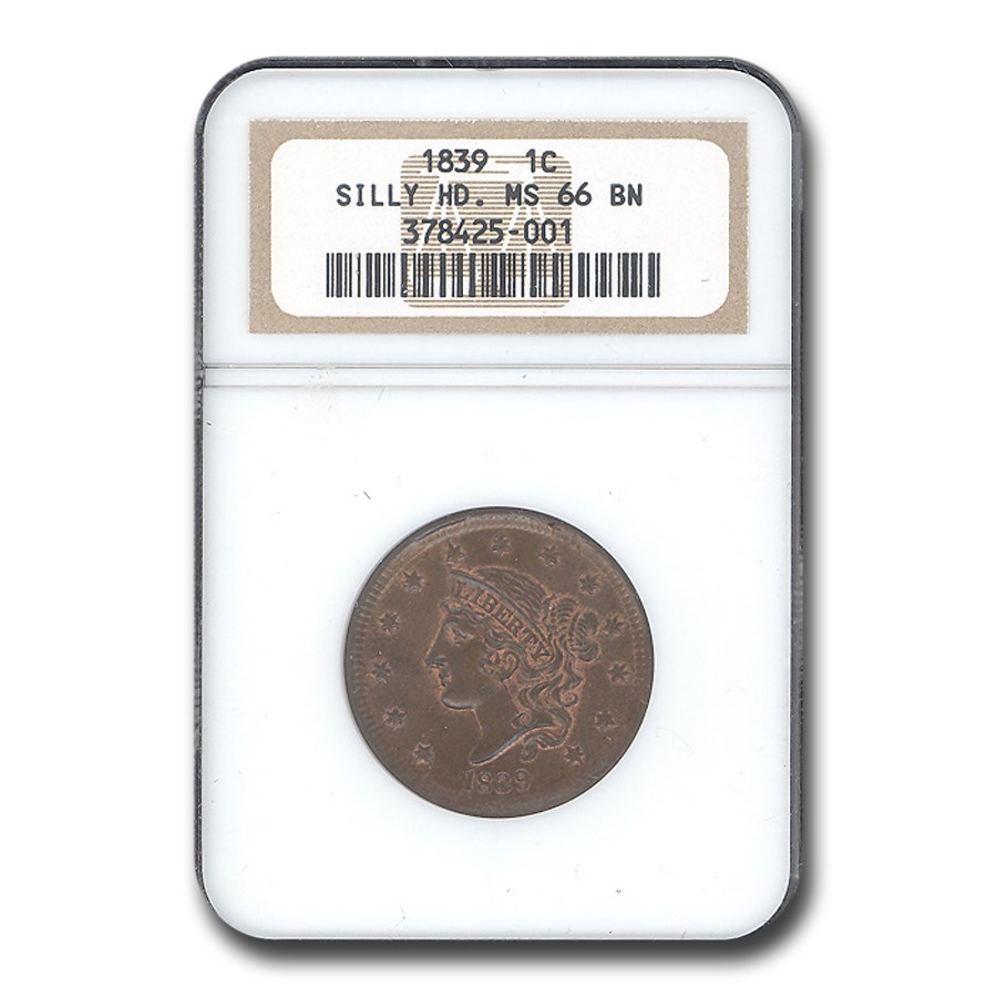 1839 Large Cent MS-66 NGC (Silly Head, Brown)