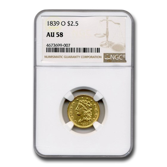 1839-O $2.50 Gold Classic Head Quarter Eagle AU-58 NGC 1839-O $2.50 Gold Classic Head Quarter Eagle AU-58 NGC