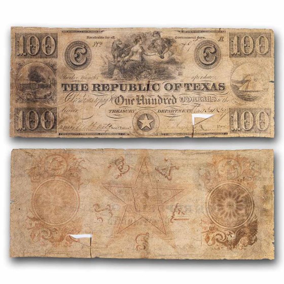 1839 Republic of Texas $100 Treasury Note VG Cancelled