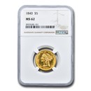 1840 $5 Liberty Gold Half Eagle MS-62 NGC