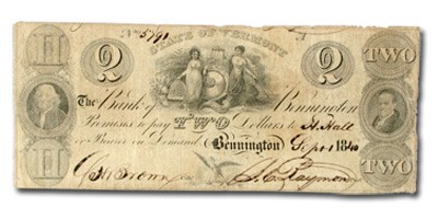 1840 Bank of Bennington, State of VT $2.00 Note VT-10 Fine 1840 Bank of Bennington, State of VT $2.00 Note VT-10 Fine