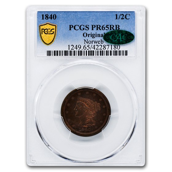 1840 Half Cent PR-65 PCGS CAC (Red/Brown, Original) 1840 Half Cent PR-65 PCGS CAC (Red/Brown, Original)