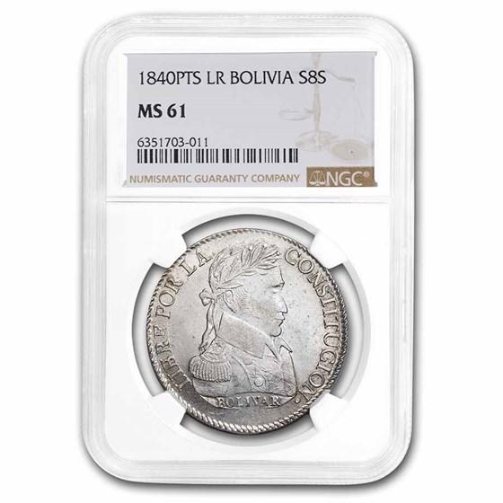 1840-PTS LR Bolivia Silver 8 Soles Bolivar MS-61 NGC