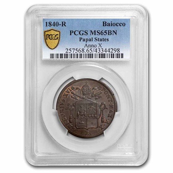 1840-R Papal States Copper Baiocco Pius IX MS-65 PCGS 1840-R Papal States Copper Baiocco Pius IX MS-65 PCGS