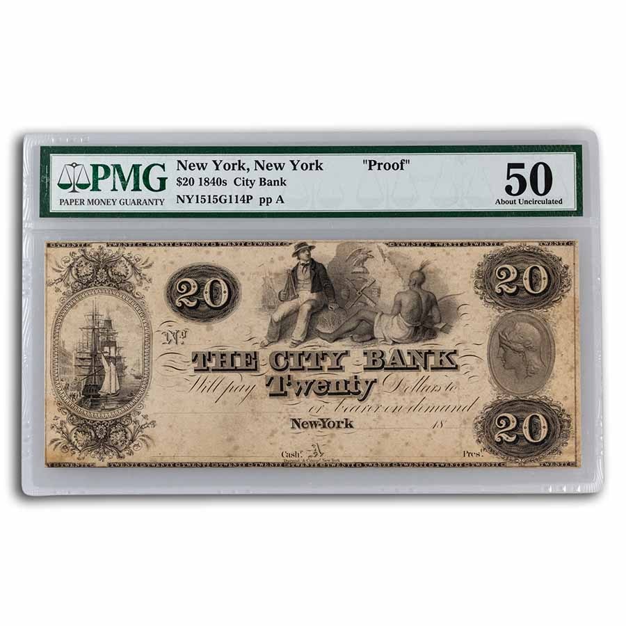 Buy 1840s $20 The City Bank New York, New York AU-50 PMG Proof | APMEX