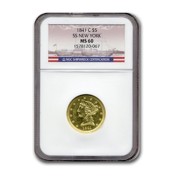 1841-C $5 Liberty Gold Half Eagle MS-60 NGC (SS New York) 1841-C $5 Liberty Gold Half Eagle MS-60 NGC (SS New York)