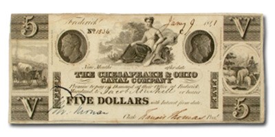 1841 Chesapeake & Ohio Canal Co Frederick, MD $5.00 AU Unlisted 1841 Chesapeake & Ohio Canal Co Frederick, MD $5.00 AU Unlisted