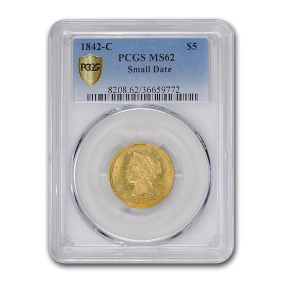 1842-C $5 Liberty Gold Half Eagle MS-62 PCGS (Small Date) 1842-C $5 Liberty Gold Half Eagle MS-62 PCGS (Small Date)
